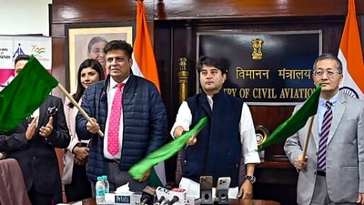 Union Minister of Civil Aviation Jyotiraditya Scindia flags off direct flight service connecting Ayodhya with eight cities. (Representational image) (PTI) Union Minister of Civil Aviation Jyotiraditya Scindia flags off direct flight service connecting Ayodhya with eight cities. (Representational image) (PTI)
