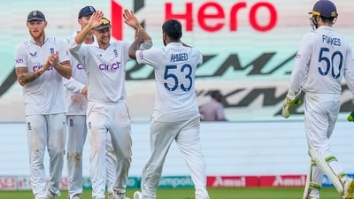 England's Rehan Ahmed celebrates with teammates after taking the wicket of India's Srikar Bharat on the first day of the second cricket test match between India and England (PTI) England's Rehan Ahmed celebrates with teammates after taking the wicket of India's Srikar Bharat on the first day of the second cricket test match between India and England (PTI)