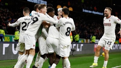 Manchester United's Kobbie Mainoo celebrates scoring their fourth goal with teammates (Action Images via Reuters)