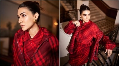 Kriti's ensemble features a checkered pattern. While the blouse has a collared neckline, front button closures, and full-length sleeves, the skirt has a mini hem length and a pleated design. Lastly, the jacket has a front zip closure, full sleeves, and a hoodie on the back. (Instagram) Kriti's ensemble features a checkered pattern. While the blouse has a collared neckline, front button closures, and full-length sleeves, the skirt has a mini hem length and a pleated design. Lastly, the jacket has a front zip closure, full sleeves, and a hoodie on the back. (Instagram)