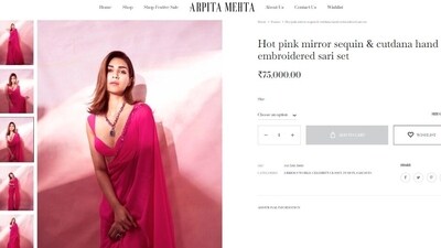 Meanwhile, Kriti's saree is available on Arpita Mehta's official website. It is called the Hot pink mirror sequin & cutdana hand embroidered sari set. Adding it to your collection will cost you <span class='webrupee'>₹</span>75,000. (arpitamehtaofficial.com) Meanwhile, Kriti's saree is available on Arpita Mehta's official website. It is called the Hot pink mirror sequin & cutdana hand embroidered sari set. Adding it to your collection will cost you <span class='webrupee'>₹</span>75,000. (arpitamehtaofficial.com)