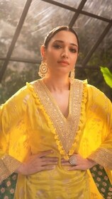 Take style cues from actor Tamannaah Bhatia and don a yellow-hued silk kaftan dress for haldi (Photo: Instagram)