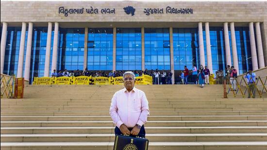 Gujarat finance minister Kanu Desai prior to presenting the state budget for 2024-25, at the Gujarat assembly in Gandhinagar, on Friday. (PTI)