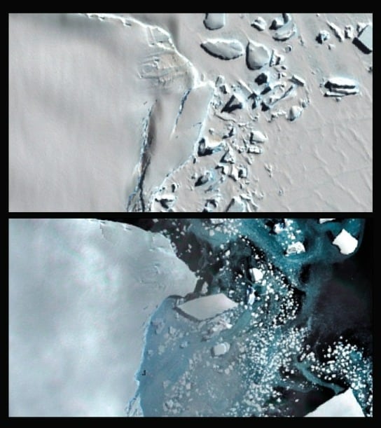 Bryant Coast in November and December. The sea ice broke up in December, over a month early, leading to the death of about 9,000 emperor penguin chicks in a record-setting die-off. (Sentinel-2 L2A; NSIDC; Richard Sidey / Eyos; Falklands Maritime Heritage Trust / National Geographic) Bryant Coast in November and December. The sea ice broke up in December, over a month early, leading to the death of about 9,000 emperor penguin chicks in a record-setting die-off. (Sentinel-2 L2A; NSIDC; Richard Sidey / Eyos; Falklands Maritime Heritage Trust / National Geographic)