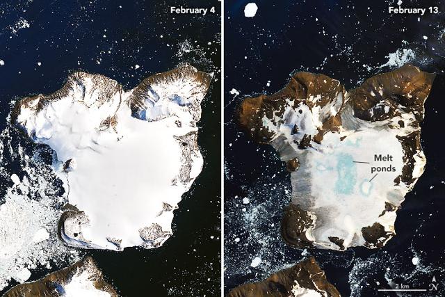 In February 2020, temperatures on Eagle Island reached 18.3 degrees Celsius, the highest temperature ever recorded on the Antarctic mainland. (Operational Land Imager / Landsat 8) In February 2020, temperatures on Eagle Island reached 18.3 degrees Celsius, the highest temperature ever recorded on the Antarctic mainland. (Operational Land Imager / Landsat 8)