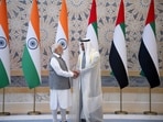 UAE President Sheikh Mohamed bin Zayed Al Nahyan and Indian Prime Minister Narendra Modi pose for a photograph during an official visit reception at Qasr Al Watan, Abu Dhabi, UAE, July 15, 2023. 