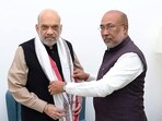 Manipur CM N Biren Singh called on Union Home Minister Amit Shah, in New Delhi on Saturday. (N Biren Singh X) Manipur CM N Biren Singh called on Union Home Minister Amit Shah, in New Delhi on Saturday. (N Biren Singh X)