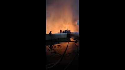 A suspected short-circuit led to a major fire at two plywood showrooms in Sector 82, JLPL, Mohali, in the wee hours on Saturday. Firefighters rushed to plot numbers 727 and 728 in the area after being alerted at 3 am. (HT Photo)