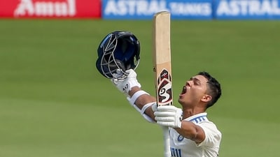 Yashasvi Jaiswal celebrates his double century on Day 2 of 2nd Test match against England, at Dr. Y.S. Rajasekhara Reddy ACA-VDCA Cricket Stadium, in Visakhapatnam (ANI ) Yashasvi Jaiswal celebrates his double century on Day 2 of 2nd Test match against England, at Dr. Y.S. Rajasekhara Reddy ACA-VDCA Cricket Stadium, in Visakhapatnam (ANI )