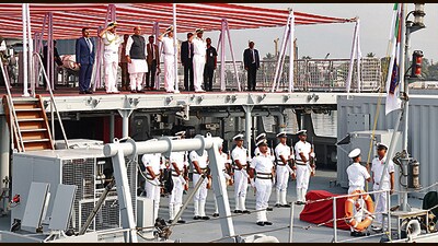 Defence Minister Rajnath Singh and Navy officials on board THE INS Sandhayak in Visakhapatnam on Saturday. (ANI) Defence Minister Rajnath Singh and Navy officials on board THE INS Sandhayak in Visakhapatnam on Saturday. (ANI)