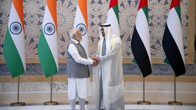 UAE President Sheikh Mohamed bin Zayed Al Nahyan and Indian Prime Minister Narendra Modi pose for a photograph during an official visit reception at Qasr Al Watan, Abu Dhabi, UAE, July 15, 2023. (via REUTERS)