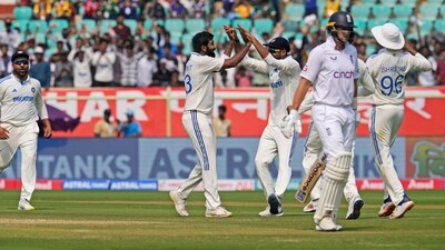 India's Jasprit Bumrah , second left, celebrates the wicket of England's Joe Root. (AP) India's Jasprit Bumrah , second left, celebrates the wicket of England's Joe Root. (AP)