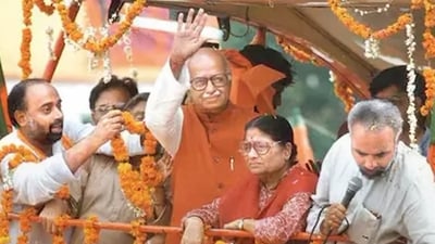 BJP leaders Lal Krishna Advani and Narendra Modi on the chariot during the 1990's Rath Yatra. (PTI file) BJP leaders Lal Krishna Advani and Narendra Modi on the chariot during the 1990's Rath Yatra. (PTI file)