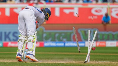A couple of overs later, came the moment of the day… And that is saying a lot, considering not too long ago a 22-year-old Yashasvi Jaiswal had become the third youngest Indian to score a Test double century and a 41-year-old James Anderson had made the second new ball talk. But Bumrah surpassed them all with this delivery. It started way outside the off stump and tailed in to such an extent that Ollie Pope could do nothing about it. (PTI) A couple of overs later, came the moment of the day… And that is saying a lot, considering not too long ago a 22-year-old Yashasvi Jaiswal had become the third youngest Indian to score a Test double century and a 41-year-old James Anderson had made the second new ball talk. But Bumrah surpassed them all with this delivery. It started way outside the off stump and tailed in to such an extent that Ollie Pope could do nothing about it. (PTI)