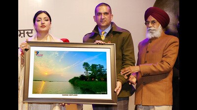 Punjab tourism minister Anmol Gagan Maan unveiling the painting of Harike wetland by Ludhiana-based author and nature artist Harpreet Sandhu. (HT Photo)