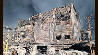 The gutted building of NR Aroma, a perfume factory, after the fire was brought under control, in Baddi on Saturday. (HT Photo) The gutted building of NR Aroma, a perfume factory, after the fire was brought under control, in Baddi on Saturday. (HT Photo)