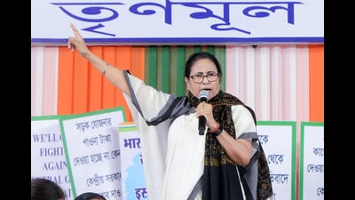 West Bengal chief minister Mamata Banerjee during the TMC’s 48-hour demonstration in central Kolkata demanding release of central funds. (ANI)