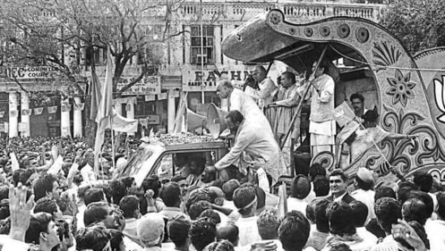 In 1990, LK Advani initiated a rath yatra to advocate for the construction of the grand temple. Unfortunately, the journey was halted in Bihar when he was arrested in Samastipur on the orders of the then Lalu Prasad government. (HT Photo) In 1990, LK Advani initiated a rath yatra to advocate for the construction of the grand temple. Unfortunately, the journey was halted in Bihar when he was arrested in Samastipur on the orders of the then Lalu Prasad government. (HT Photo)