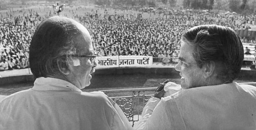 At the inaugural BJP rally at Ramlila Maidan in 1980, Atal Bihari Vajpayee and LK Advani are pictured together. Advani held the position of BJP's national president in three intervals - 1986-90, 1993-98, and 2004-2005. (Ajit Kumar/HT Archive) At the inaugural BJP rally at Ramlila Maidan in 1980, Atal Bihari Vajpayee and LK Advani are pictured together. Advani held the position of BJP's national president in three intervals - 1986-90, 1993-98, and 2004-2005. (Ajit Kumar/HT Archive)