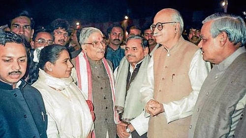 An undated photo features Mulayam Singh Yadav alongside former Prime Minister Atal Bihari Vajpayee, BJP leaders LK Advani and MM Joshi, and BSP chief Mayawati. An undated photo features Mulayam Singh Yadav alongside former Prime Minister Atal Bihari Vajpayee, BJP leaders LK Advani and MM Joshi, and BSP chief Mayawati.
