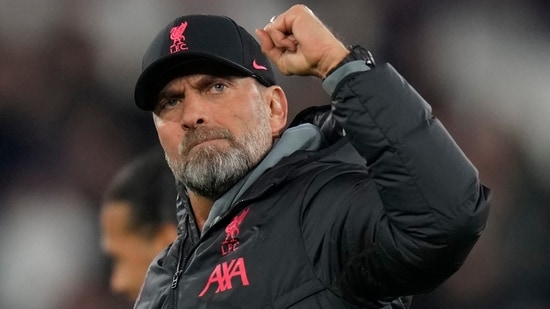 Liverpool's manager Jurgen Klopp celebrates towards his teams fans after the end of the English Premier League soccer match between West Ham United and Liverpool at the London stadium in London, Wednesday, April 26, 2023. Liverpool won the game 2-1. (AP Photo/Alastair Grant) (AP)