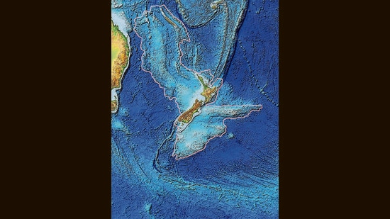 The topography of Zealandia, outlined in pink. (Wikimedia Commons)