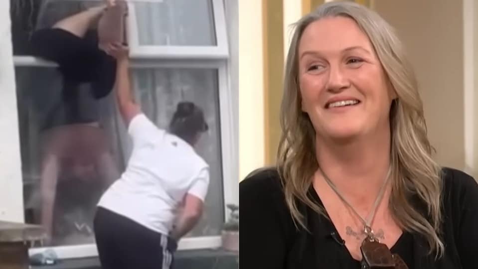 lady climbs through window and dress falls down Woman Climbing Through Window Video