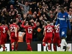 Wolverhampton Wanderers' Brazilian striker Matheus Cunha celebrates after scoring his team fourth goal. Wolverhampton Wanderers' Brazilian striker Matheus Cunha celebrates after scoring his team fourth goal.