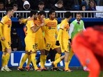 Barcelona players celebrate their second goal scored by Barcelona's German midfielder #22 Ilkay Gundogan (2L) during the Spanish league football match between Deportivo Alaves and FC Barcelona Barcelona players celebrate their second goal scored by Barcelona's German midfielder #22 Ilkay Gundogan (2L) during the Spanish league football match between Deportivo Alaves and FC Barcelona