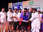 Chiranjeevi being felicitated at the event on Sunday. 