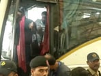MLAs arrive at the Shamshabad airport in Hyderabad as they make their way to Jharkhand ahead of the floor test on Monday. MLAs arrive at the Shamshabad airport in Hyderabad as they make their way to Jharkhand ahead of the floor test on Monday.