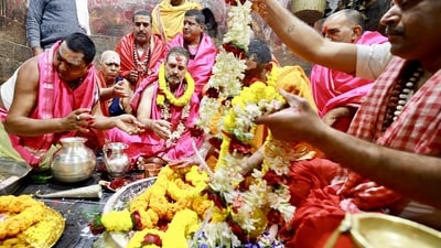 Rahul Gandhi performed rituals while offering prayers at Baba Baidnath Dham in Deoghar on Saturday. (Congress X) Rahul Gandhi performed rituals while offering prayers at Baba Baidnath Dham in Deoghar on Saturday. (Congress X)