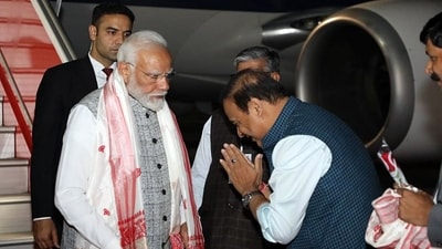 PM Modi was received by Governor Gulab Chand Kataria, Chief Minister Himanta Biswa Sarma, Union Ports, Shipping and Waterways Minister Sarbananda Sonowal, some state ministers and senior civil and police officers. (CM Office Assam-X) PM Modi was received by Governor Gulab Chand Kataria, Chief Minister Himanta Biswa Sarma, Union Ports, Shipping and Waterways Minister Sarbananda Sonowal, some state ministers and senior civil and police officers. (CM Office Assam-X)