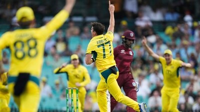 Australia's Sean Abbott, center, celebrates taking the wicket of West Indies' Kjorn Ottley, second right. (AP) Australia's Sean Abbott, center, celebrates taking the wicket of West Indies' Kjorn Ottley, second right. (AP)