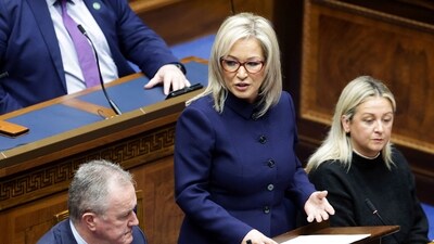 Northern Ireland's First minister, from Sinn Fein, party Michelle O'Neil speaking during the Northern Ireland Assembly, at the Parliament Building, in Stormont. (AFP) Northern Ireland's First minister, from Sinn Fein, party Michelle O'Neil speaking during the Northern Ireland Assembly, at the Parliament Building, in Stormont. (AFP)