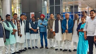 Congress MLAs at Hyderabad airport on Sunday. (PTI) Congress MLAs at Hyderabad airport on Sunday. (PTI)