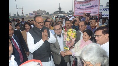 Deputy chief minister Brajesh Pathak inaugurated a walkathon on Sunday morning to observe World Cancer Day (WCD). (HT Photo) Deputy chief minister Brajesh Pathak inaugurated a walkathon on Sunday morning to observe World Cancer Day (WCD). (HT Photo)