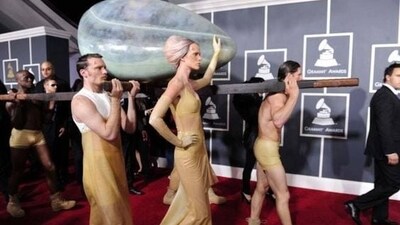 Lady Gaga, 2011: In 2011, Lady Gaga made a memorable entrance at the Grammys by arriving in a large, translucent egg carried by attendants. (Pinterest) Lady Gaga, 2011: In 2011, Lady Gaga made a memorable entrance at the Grammys by arriving in a large, translucent egg carried by attendants. (Pinterest)