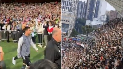 Lionel Messi arrives to a packed stadium during Inter Miami's training session in Hong Kong (X)