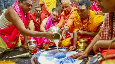 The party also stated that the leader "conducted Rudrabhishek at the world-renowned Baba Baidhnath Dham". (PTI) The party also stated that the leader "conducted Rudrabhishek at the world-renowned Baba Baidhnath Dham". (PTI)