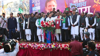 Rahul Gandhi speaks at a public meeting during the ‘Bharat Jodo Nyay Yatra’ in Deoghar district on Saturday. (PTI) Rahul Gandhi speaks at a public meeting during the ‘Bharat Jodo Nyay Yatra’ in Deoghar district on Saturday. (PTI)