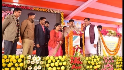 Union MoS home Ajay Kumar Mishra Teni during the inauguration of overbridges in Lakhimpur on Sunday. (HT photo)