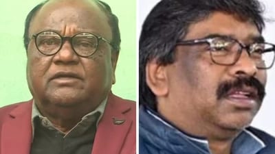 JMM leader Lobin Hembrom (L) and former Jharkhand CM Hemant Soren. JMM leader Lobin Hembrom (L) and former Jharkhand CM Hemant Soren.