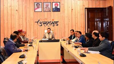 Uttarakhand chief minister Pushkar Singh Dhami chairs a cabinet meeting at his residence in Dehradun on Sunday.