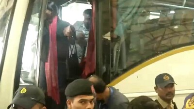 MLAs arrive at the Shamshabad airport in Hyderabad as they make their way to Jharkhand ahead of the floor test on Monday. (ANI) MLAs arrive at the Shamshabad airport in Hyderabad as they make their way to Jharkhand ahead of the floor test on Monday. (ANI)