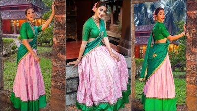 Earlier, Pooja had shared pictures of herself dressed in a saree-styled silk lehenga set. She wore a parrot green deep-neck blouse with a dual-toned (baby pink and green) lehenga skirt and a turquoise green embellished dupatta draped like a pallu. She styled the ensemble with a choker necklace, a rose-adorned sleek bun, minimal makeup, and bracelets. (Instagram) Earlier, Pooja had shared pictures of herself dressed in a saree-styled silk lehenga set. She wore a parrot green deep-neck blouse with a dual-toned (baby pink and green) lehenga skirt and a turquoise green embellished dupatta draped like a pallu. She styled the ensemble with a choker necklace, a rose-adorned sleek bun, minimal makeup, and bracelets. (Instagram)
