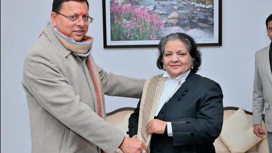 CM Pushkar Singh Dhami attended the swearing-in ceremony of the newly appointed Chief Justice of high court, Nainital (Twitter/@htTweets)