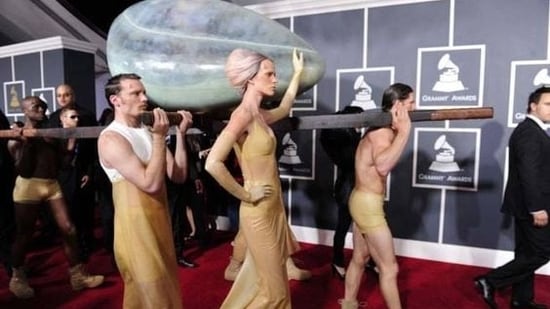 Lady Gaga, 2011: In 2011, Lady Gaga made a memorable entrance at the Grammys by arriving in a large, translucent egg carried by attendants.&nbsp;(Pinterest)