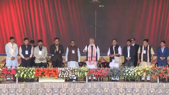 Prime Minister Narendra Modi with Assam Governor Gulab Chand Kataria, Union Minister Sarbananda Sonowal and Chief Minster Himanta Biswa Sarma (PTI Photo) Prime Minister Narendra Modi with Assam Governor Gulab Chand Kataria, Union Minister Sarbananda Sonowal and Chief Minster Himanta Biswa Sarma (PTI Photo)