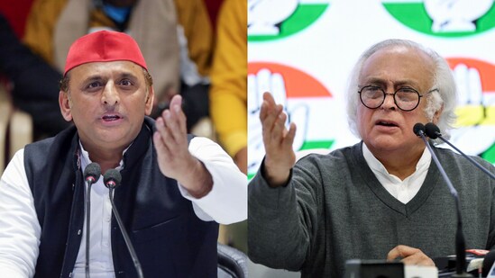 Samajwadi Party chief Akhilesh Yadav (L), Congress leader Jairam Ramesh.